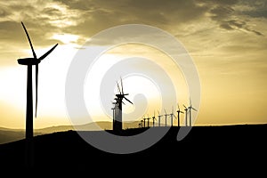 silhouette of windfarm at sunset