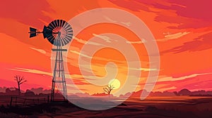 The silhouette of a windmill against the background of an orangepink sunset of the evening sky