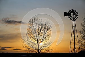 A silhouette of a windmill and tree