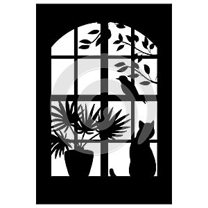 Silhouette of a window with a cat, a potted houseplant and a bird on a branch