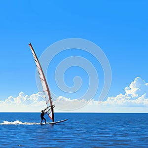 Silhouette of windsurfer gliding on calm blue ocean waters