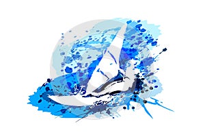 Silhouette windsurfer on watercolor background
