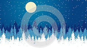 Silhouette winter forest at night. Beautiful landscape, fir trees, snowfall. Vector illustration