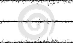 Silhouette of a wire fence, barbed wire border with branches black and white, barbed wire seamless background