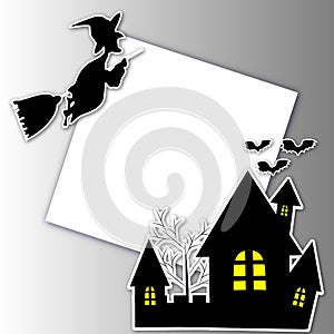 silhouette of a witch on a broom, silhouette of a treeÐ± bats and a house with yellow light