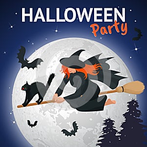 Silhouette of a witch flying on a broomstick across a full moon at twilight for Halloween. Halloween party. Vector