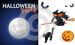 Silhouette of a witch flying on a broomstick across a full moon at twilight for Halloween. Halloween party. Vector