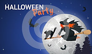 Silhouette of a witch flying on a broomstick across a full moon at twilight for Halloween. Halloween party. Vector