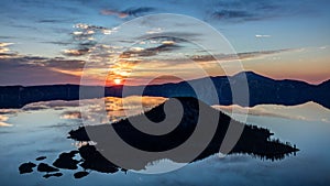 Silhouette of Wizard island at Sunrise