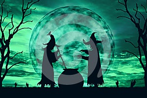 Silhouette of wizards cook poison at moonlight
