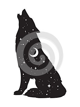 Silhouette of wolf with crescent moon and stars isolated. Sticker, black work, print or flash tattoo design vector illustration. P