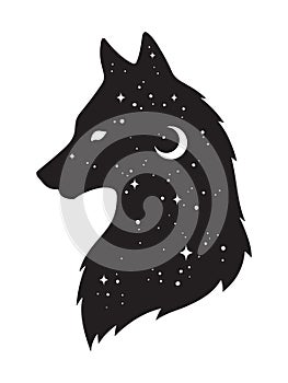 Silhouette of wolf with crescent moon and stars isolated. Sticker, black work, print or flash tattoo design vector illustration. P