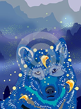 Silhouette of wolf with crescent moon and stars isolated. Sticker, print or tattoo design illustration. Pagan totem