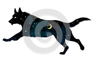 Silhouette of wolf with crescent moon and stars isolated. Sticker, print or tattoo design vector illustration. Pagan