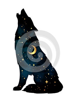 Silhouette of wolf with crescent moon and stars isolated. Sticker, print or tattoo design vector illustration. Pagan totem, wiccan