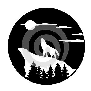 Silhouette of wolf howling at moon on mountain with pine trees . Landscape in circle. The illustration is isolated on