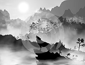 Silhouette of the wolf howling at the moon at night in front of the mountains inside the mist clouds. Hight detailed