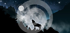 Silhouette of the wolf howling at the moon at night in front of the mountains inside the mist clouds. Vector illustration of the