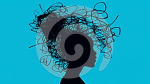 Silhouette woman abstract tangled hair blue background mental complexity