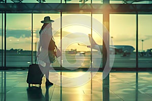 silhouette of a woman passenger with luggage suitcase at the international airport terminal