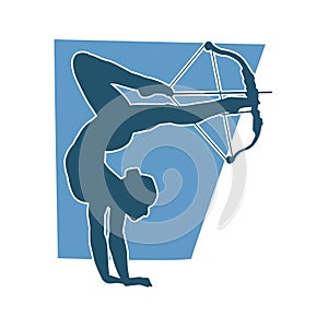 Silhouette of a woman archer in acrobatic pose.