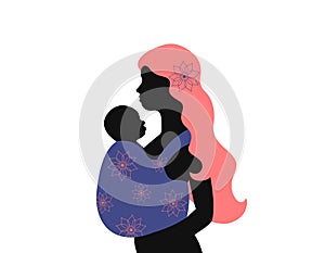 Silhouette of woman with baby sling in profile isolated. Young mother with long hair and child in baby carrier. Abstract flower