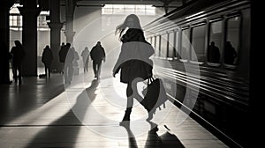 Silhouette of woman with bag at train station. Generative AI