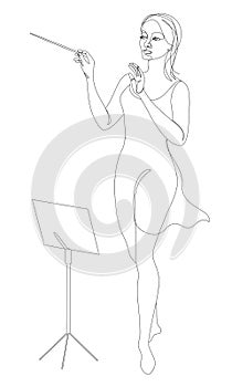 Silhouette of a woman with a conductor`s baton in a modern continuous line style, beauty. Lady Conductor. Aesthetic decor sketches