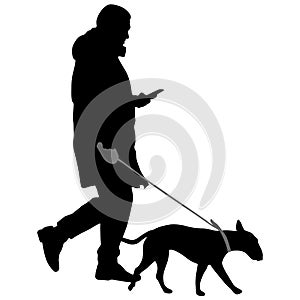 Silhouette of woman and dog on a white background