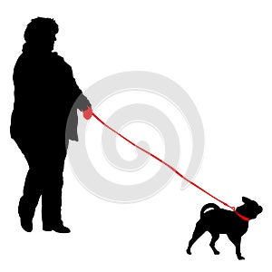 Silhouette of woman and dog on a white background