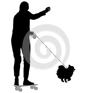 Silhouette of woman and dog on a white background