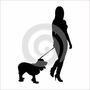 silhouette of a woman with a dog, on a white background