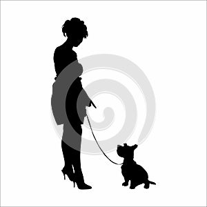 silhouette of a woman with a dog, on a white background