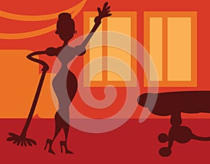 Silhouette Woman doing housework on room background - retro post