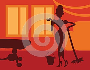 Silhouette Woman doing housework on room background - retro post