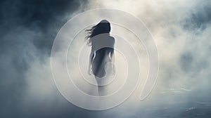 Silhouette Of A Woman Emerging From Thick White Fog