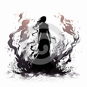 Silhouette of woman enveloped in stylized flames on white background. Female figure in magical fire. Witch. Black and