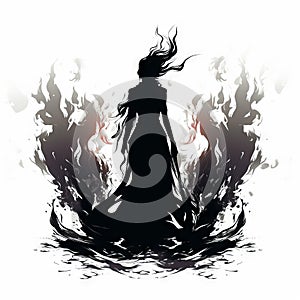Silhouette of woman enveloped in stylized flames on white background. Female figure in magical fire. Witch. Black and