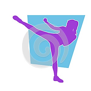 Silhouette of a woman fighter doing a kick.