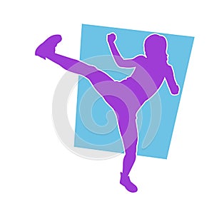 Silhouette of a woman fighter doing a kick.