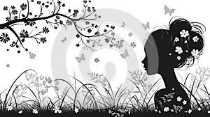 Silhouette of a woman with a floral and butterfly background.