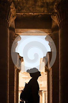 Silhouette of a woman gazing an Egyptian temple