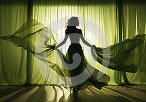Silhouette of a woman in a green dress floating in the wind, AI-generated.