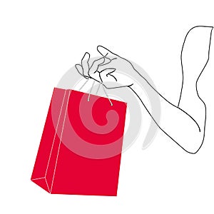 Silhouette Woman hand holding red paper shopping bag. Paper gift package in hand of young woman. 3D Vector illustration