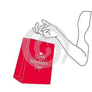 Silhouette Woman hand holding red shopping bag. Paper gift package in female hand. Vector illustration in red, black