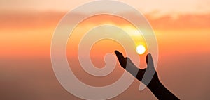 Silhouette of woman hand praying spirituality and religion, banner and copy space of female worship to god. Christianity religion