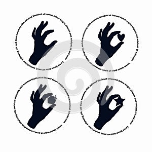 The silhouette of a woman hand. A set of four drawings on an isolated background with elements between your fingers.