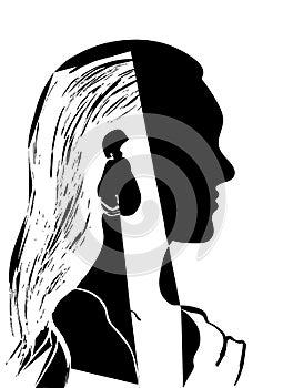 Silhouette of woman head. Profile of a beautiful young girl with long hair. Black and white vector illustration. Fashion concept.