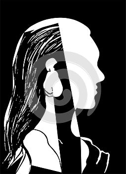 Silhouette of woman head. Profile of a beautiful young girl with long hair. Black and white vector illustration. Fashion concept.