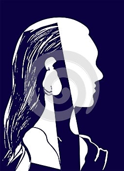 Silhouette of woman head. Profile of a beautiful young girl with long hair. Blue and white vector illustration. Fashion concept.